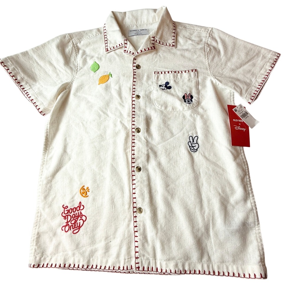 Old Navy x Disney Boys L 10-12 Mickey Minnie Embroidered Linen Blend Shirt NWT